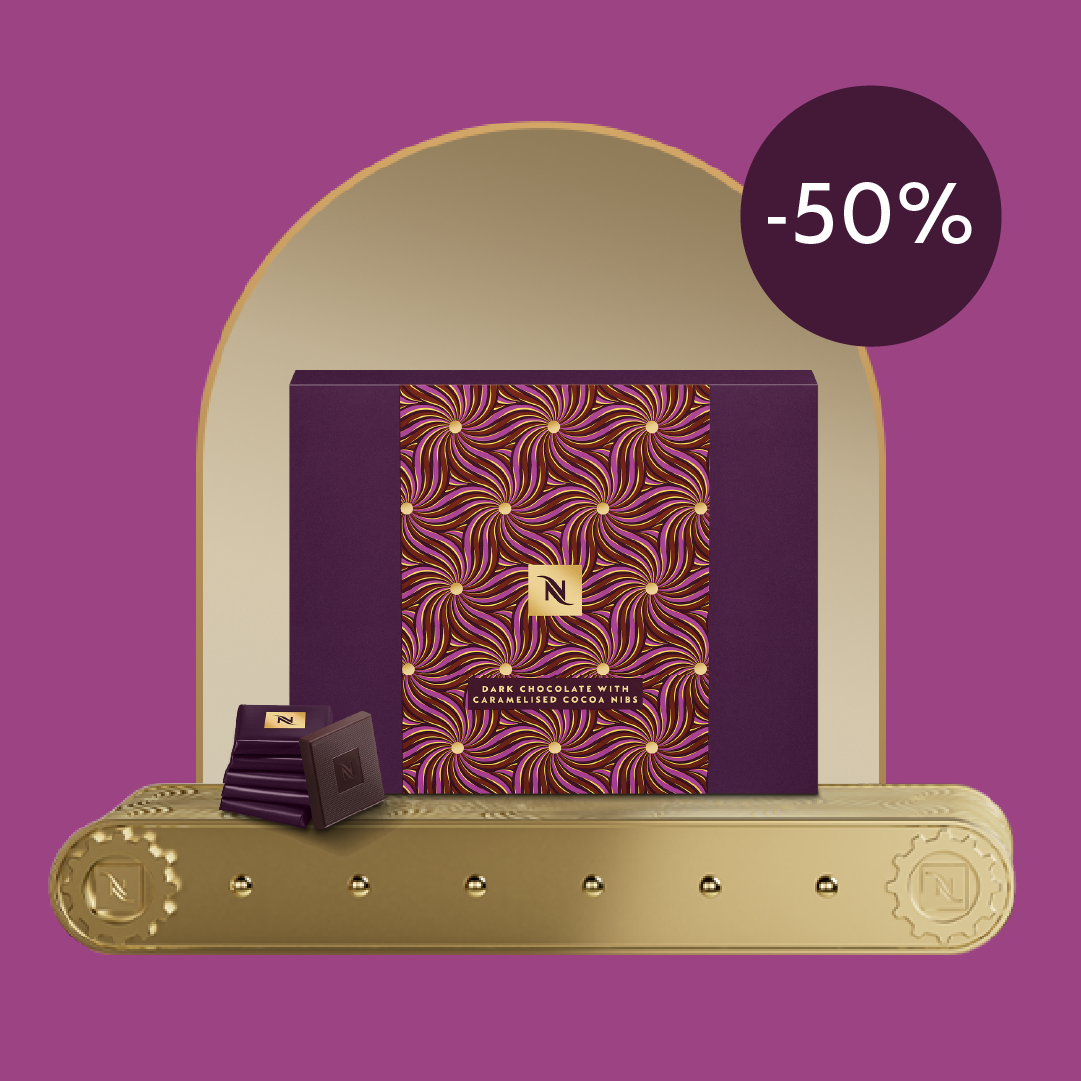 50% OFF THE DARK CHOCOLATE WITH CACAO NIBS WHEN YOU BUY 60 VERTUO CAPSULES!