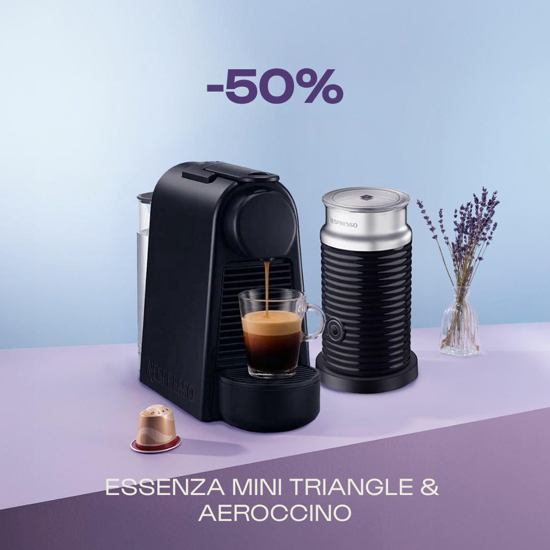 -50% KAFIJAS APARĀTAM ESSENZA MINI TRIANGLE & AEROCCINO, PĒRKOT 140 ORIGINAL KAPSULAS