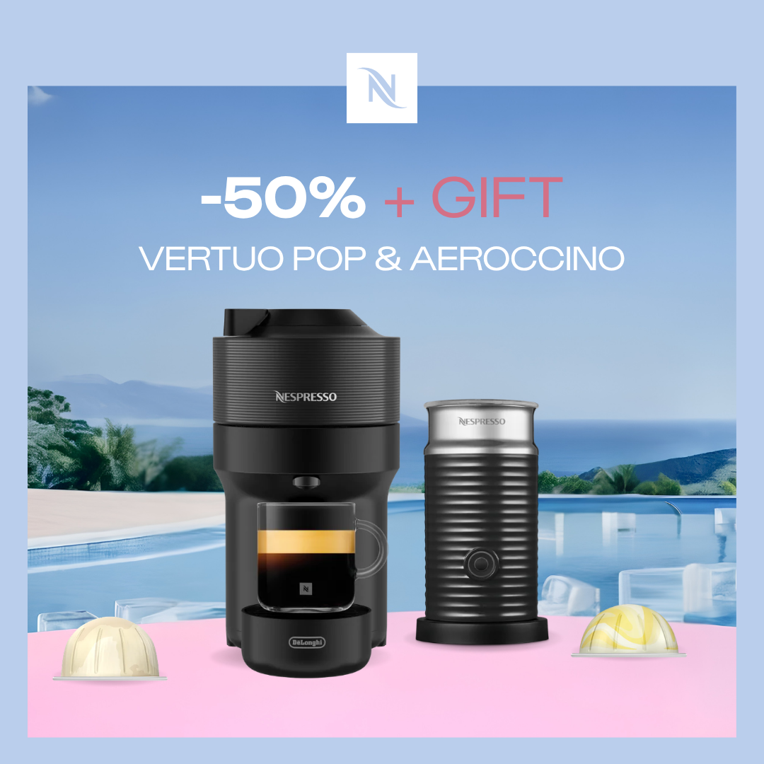 -50% OFF THE VERTUO POP & AEROCCINO COFFEE MACHINE WHEN YOU BUY 100 VERTUO CAPSULES + FREE TASTING KIT