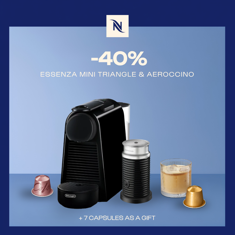 -40% OFF THE ESSENZA MINI TRIANGLE & AEROCCINO COFFEE MACHINE WHEN YOU BUY 150 ORIGINAL CAPSULES + FREE TASTING KIT -40% OFF THE ESSENZA MINI TRIANGLE & AEROCCINO COFFEE MACHINE WHEN YOU BUY 150 ORIGINAL CAPSULES + FREE TASTING KIT