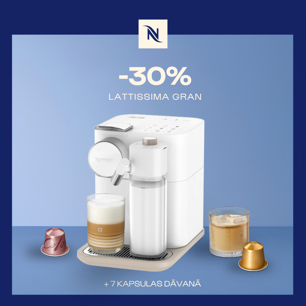 -30% KAFIJAS APARĀTAM LATTISSIMA GRAN, PĒRKOT 180 ORIGINAL KAPSULAS + DEGUSTĀCIJAS KOMPLEKTS DĀVANAI