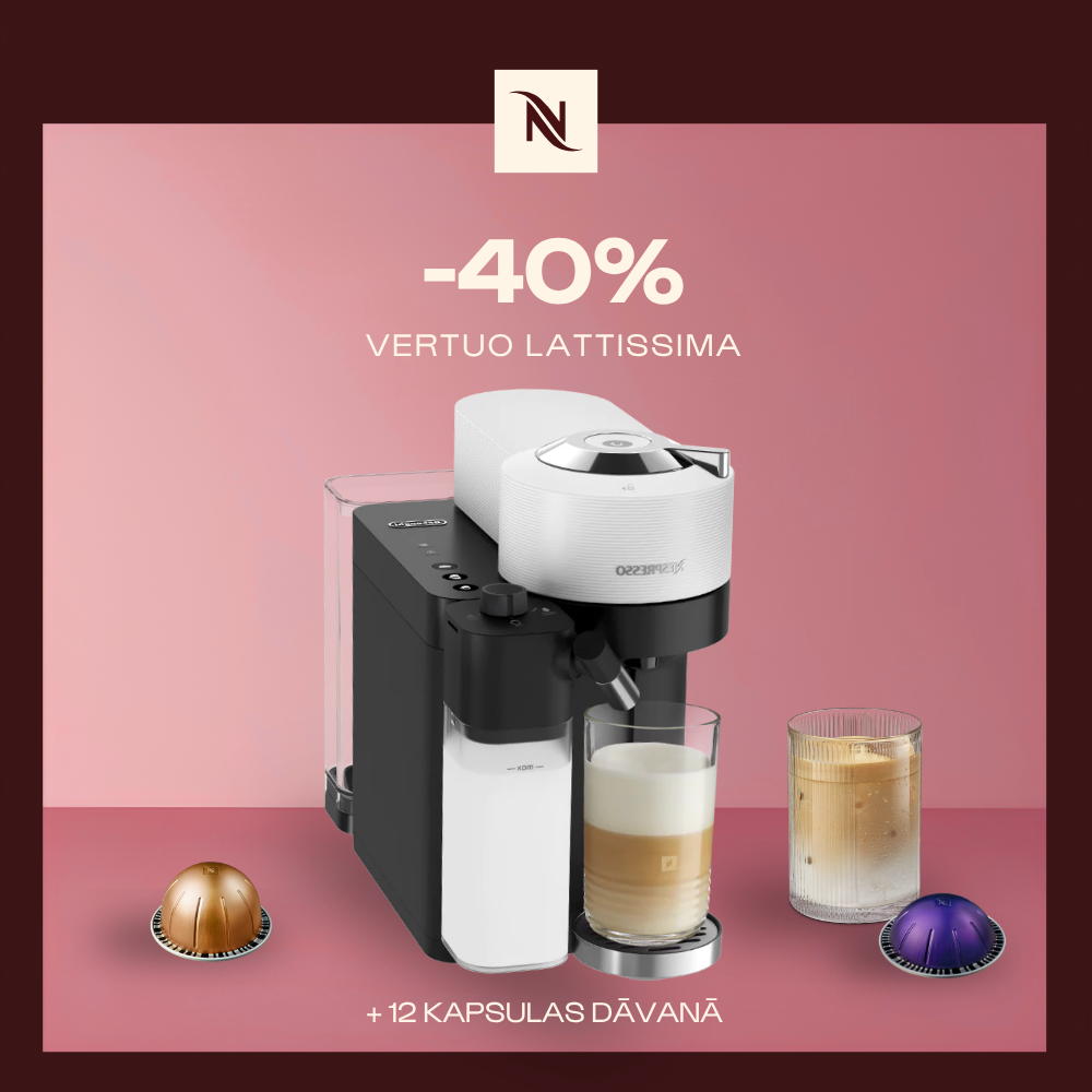 -40% KAFIJAS APARĀTAM VERTUO LATTISSIMA, PĒRKOT 80 VERTUO KAPSULAS + DEGUSTĀCIJAS KOMPLEKTS DĀVANAI