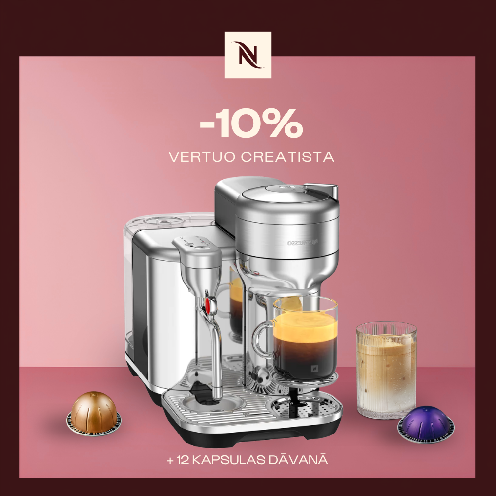 -10% KAFIJAS APARĀTAM VERTUO CREATISTA, PĒRKOT 80 VERTUO KAPSULAS + DEGUSTĀCIJAS KOMPLEKTS DĀVANAI